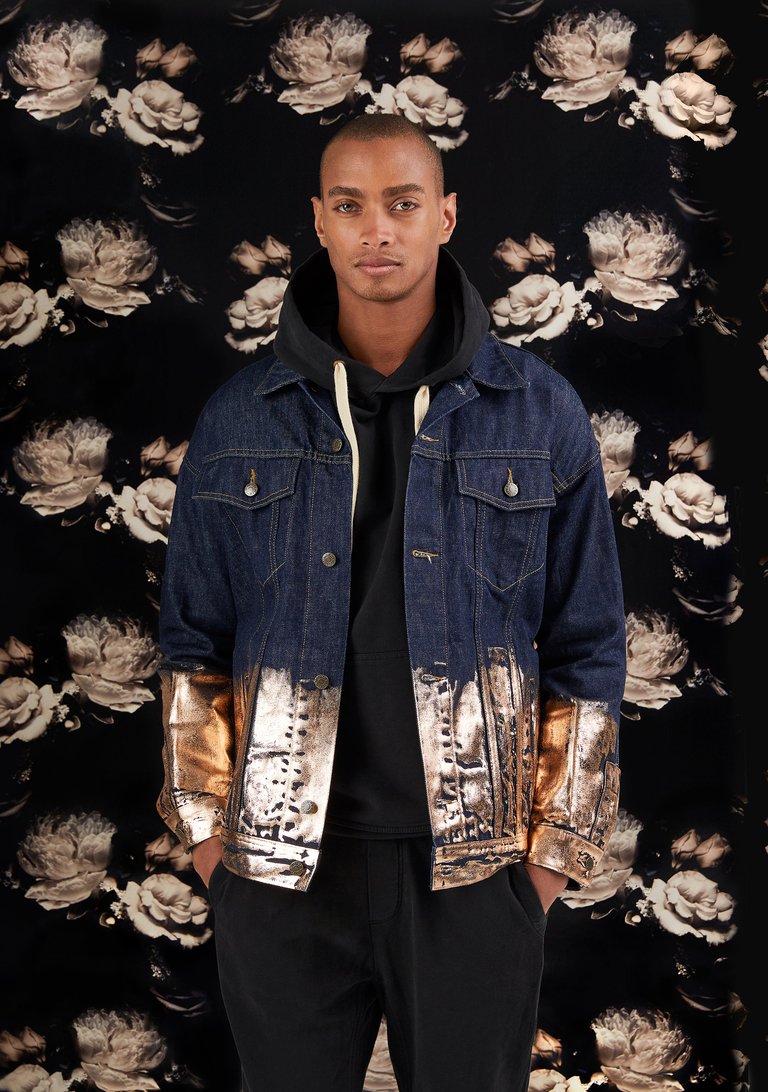 Longer Indigo Denim Jacket with Rose Gold Foil