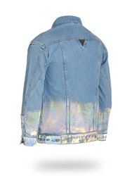 Longer Light Wash Denim Jacket with Holographic Foil