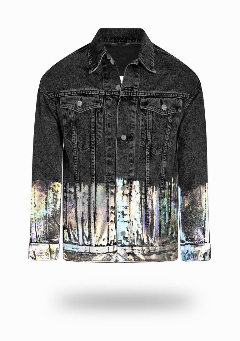 Longer Washed Black Denim Jacket with Holographic Foil - Washed Black Denim