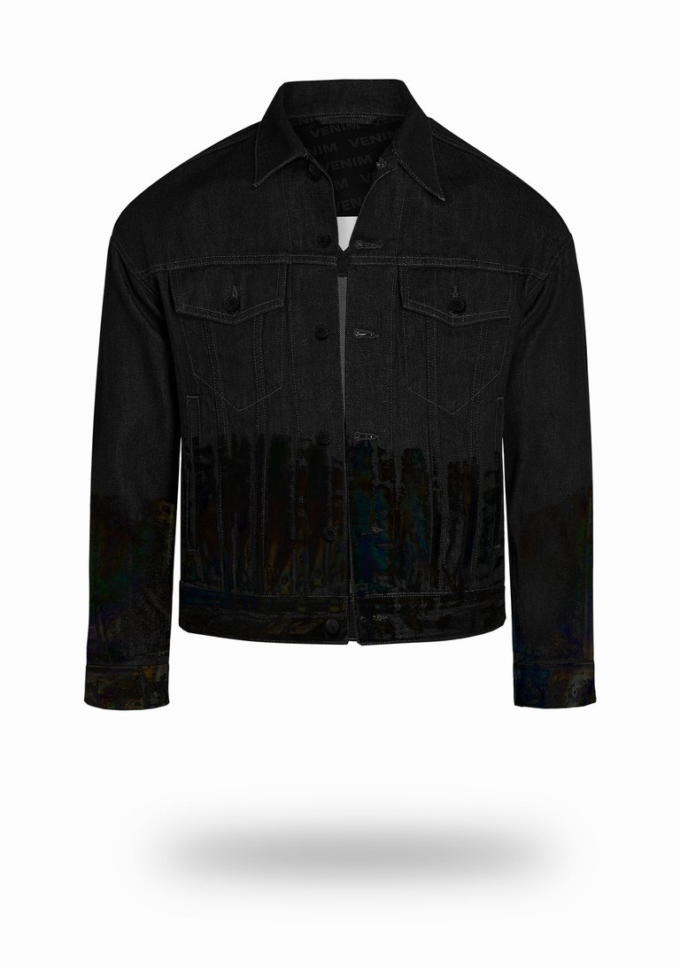 Shorter Classic Black Denim Jacket with Midnight Oil Foil