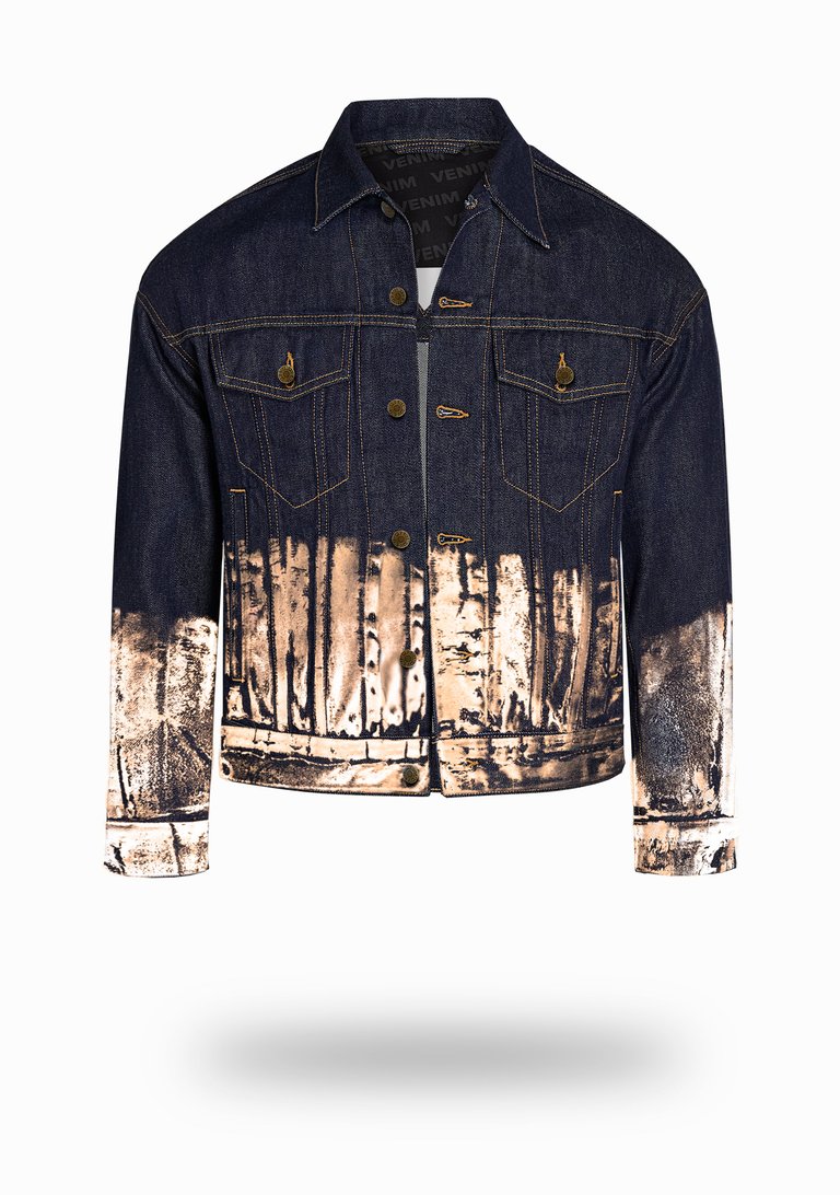 Shorter Indigo Denim Jacket with Rose Gold Foil