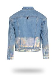 Shorter Light Wash Denim Jacket with Holographic Foil