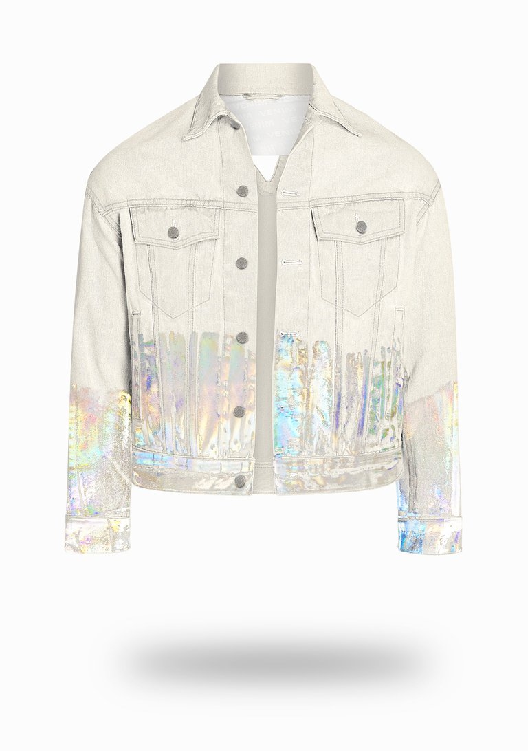 Shorter Off-White Denim Jacket with Holographic Foil