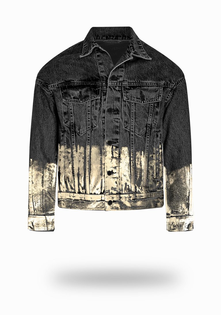 Shorter Washed Black Denim Jacket with Champagne Gold Foil - Washed Black Denim