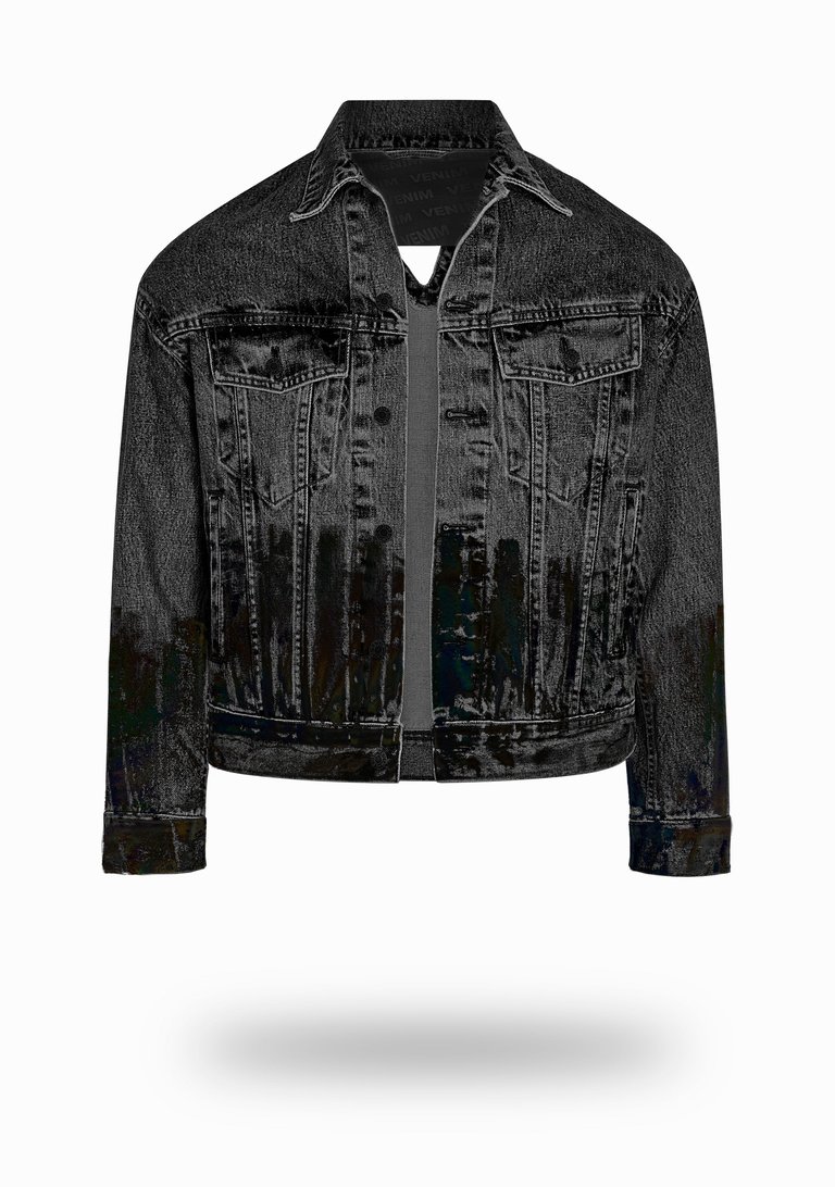 Shorter Washed Black Denim Jacket with Midnight Oil Foil