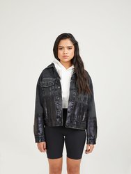 Shorter Washed Black Denim Jacket with Midnight Oil Foil