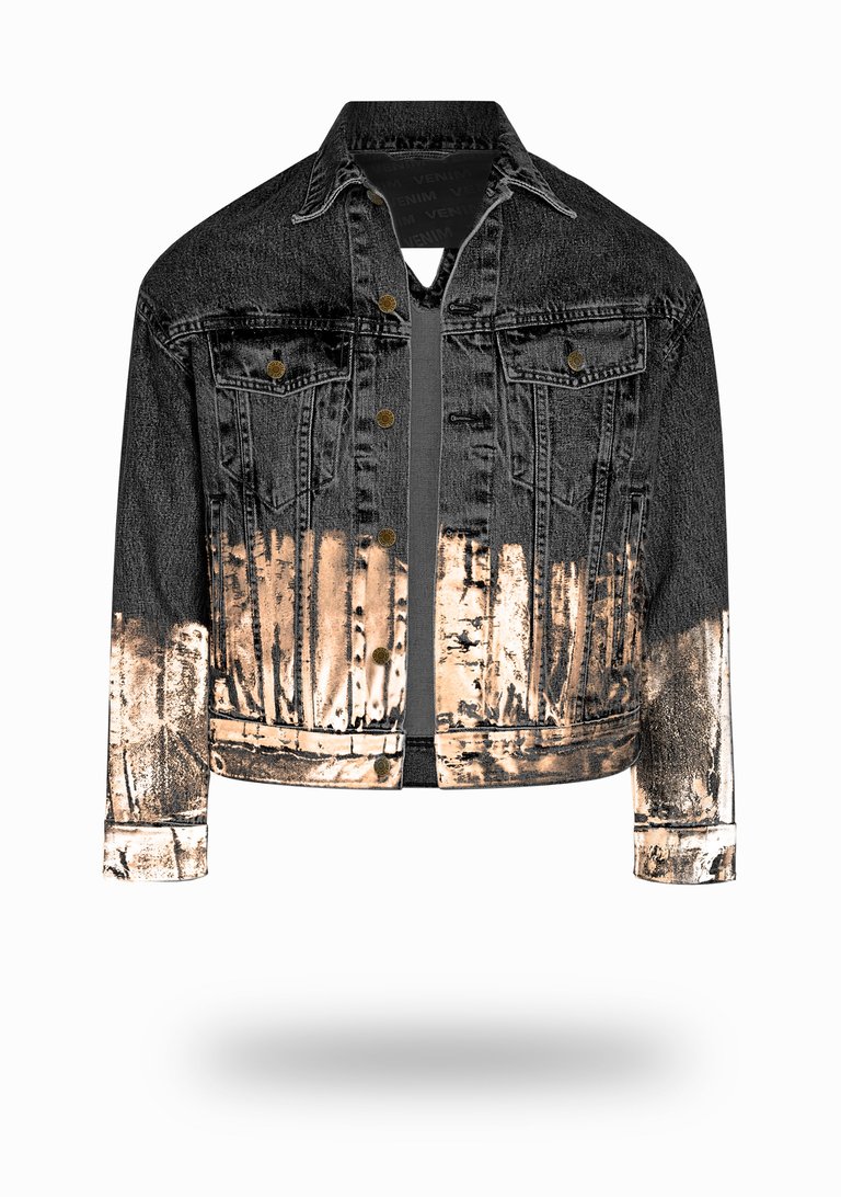 Shorter Washed Black Denim Jacket with Rose Gold Foil