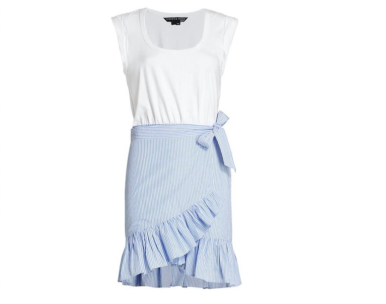 Addyson Ruffled Wrap Skirt Cotton Mini Dress - White/Blue