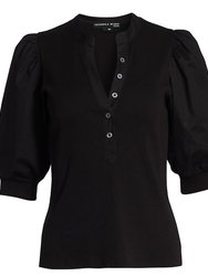 Women Black Coralee Puff Sleeve Stretch Cotton Top Blouse - Black