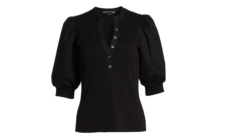 Women Black Coralee Puff Sleeve Stretch Cotton Top Blouse - Black