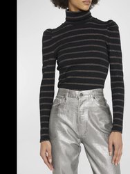 Women Cedar Slim Fit Stripe Knit Turtleneck Pullover Top Black - Black