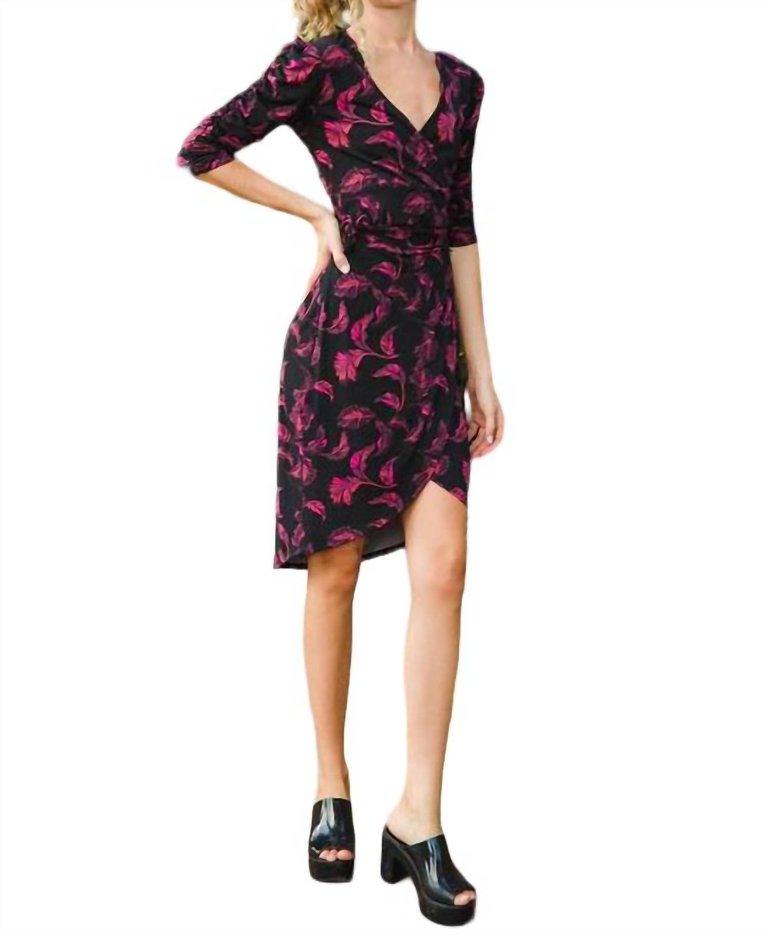 Feather Print Tulip Wrap Dress In Black Multi - Black Multi