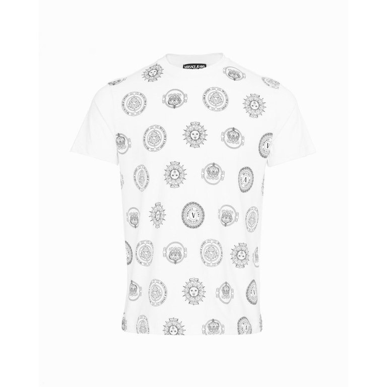 Versace Jeans Couture Men's White All Over Logo Short Sleeve Crew Neck T-Shirt - White