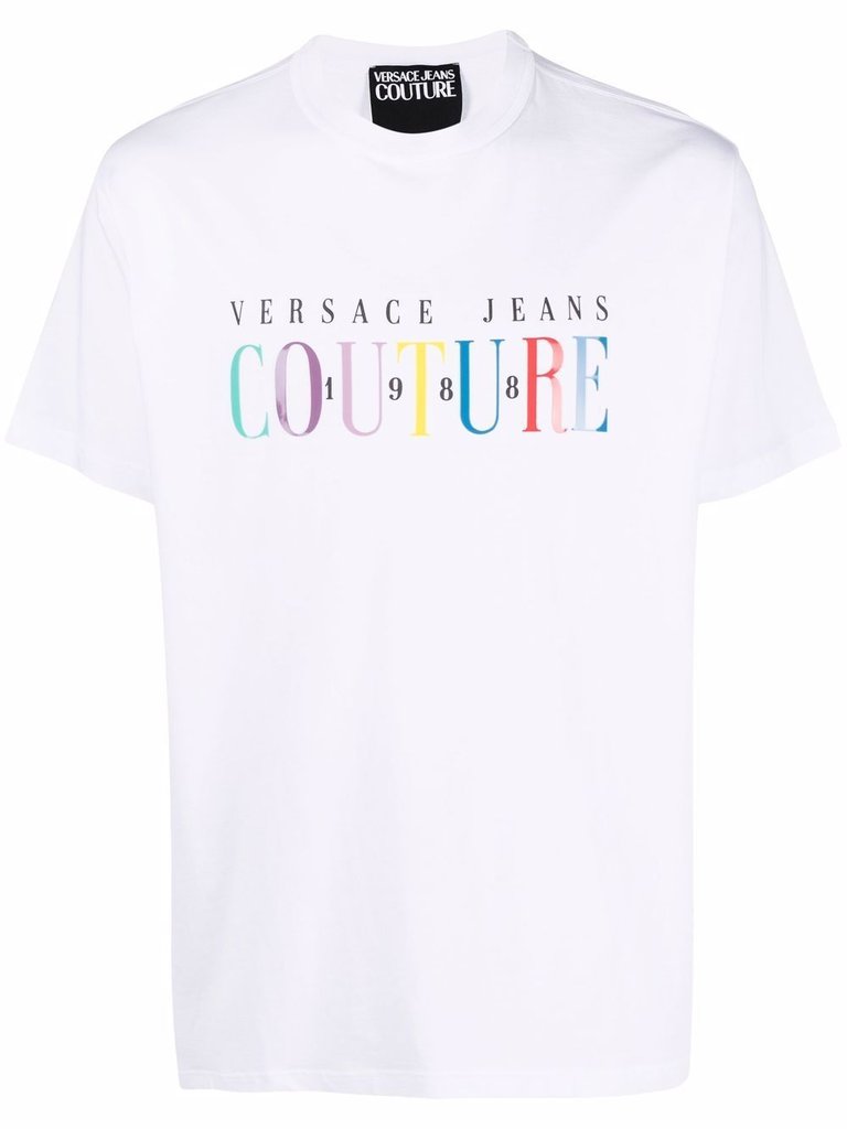 Versace Jeans Couture Men's White Multi Color Logo Short Sleeve Crew Neck T-Shirt