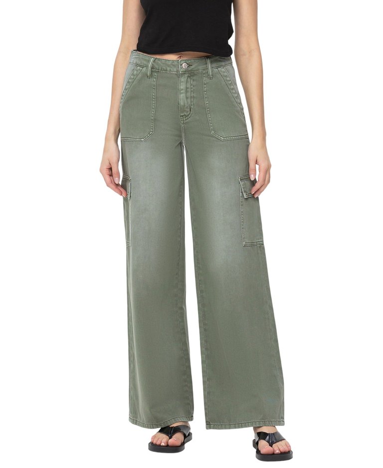 Army Green - High Rise Utility Cargo Wide Leg Jeans - Olive