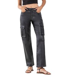 Astonished - High Rise Coated Cargo Straight Jeans - Black