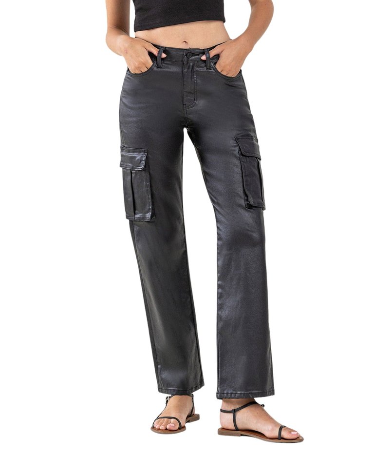Astonished - High Rise Coated Cargo Straight Jeans - Black