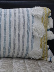 Designer Striped Pillow With Large Poms And Tassels 14"x20"