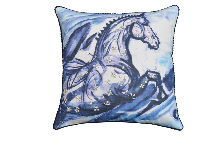Embroidered 18"x18" Blue Decorative Pillow, Horse - Blue