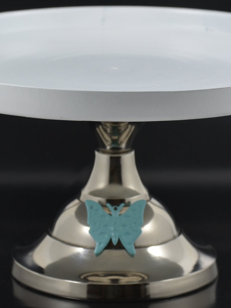 White Cake Stand with Turquoise Butterfly (10" Cake Holder) - White