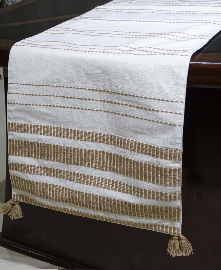 Woven Cotton Table Runner Off White And Beige 16" x 90" - Off White/Beige