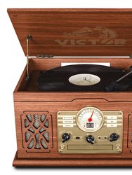State 7-In-1 Wood Music Center With 3-Speed Turntable & Dual Bluetooth - Mahogany