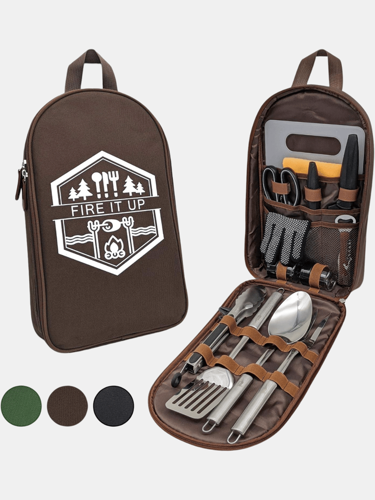 Camping Utensil Set Camping Kitchen Set Cookware 13 Pcs Accessories With Case - Brown
