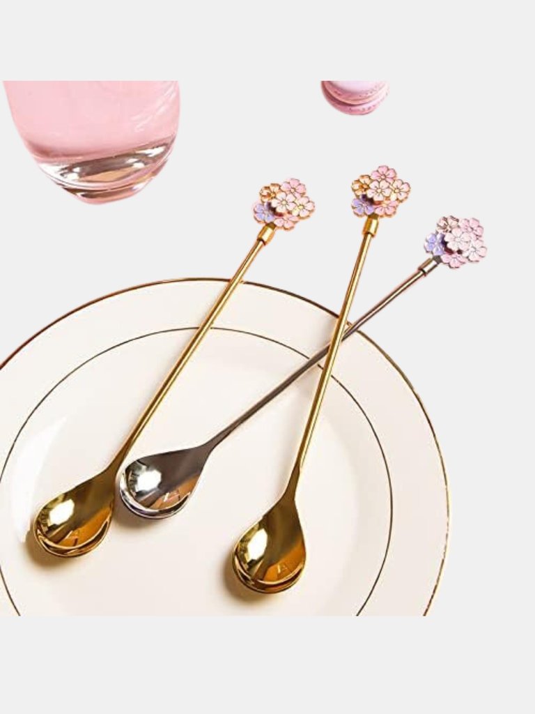 Coffee Spoons Silverware Flatware Cherry Blossom Handle Coffee Spoon Stainless Steel Cutlery Metal Serving Spoon - Bulk 3 Sets
