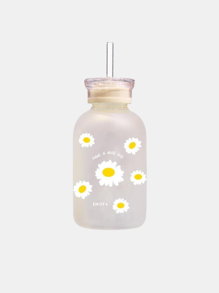 Double Cover Straw Glass, Milk Juice Cute Water Bottle With Scale Lids Little Daisy Matte Portable Transparent Water Cup Glass Bottles Creative Handy