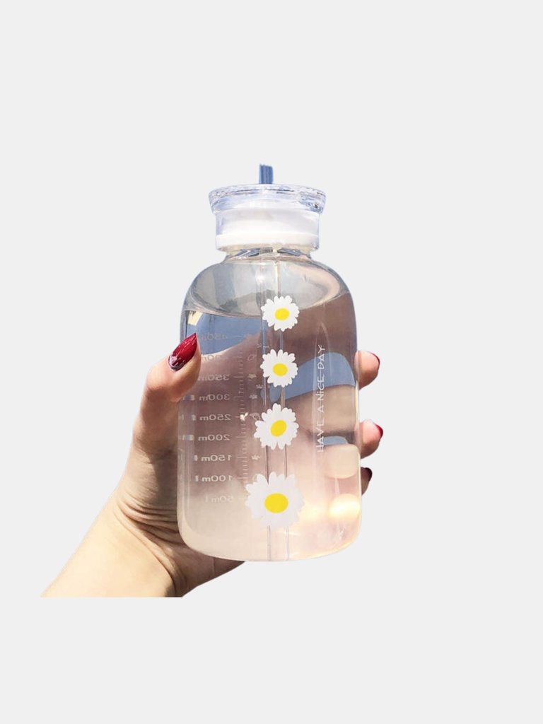 Double Cover Straw Glass, Milk Juice Cute Water Bottle With Scale Lids Little Daisy Matte Portable Transparent Water Cup Glass Bottles Creative Handy