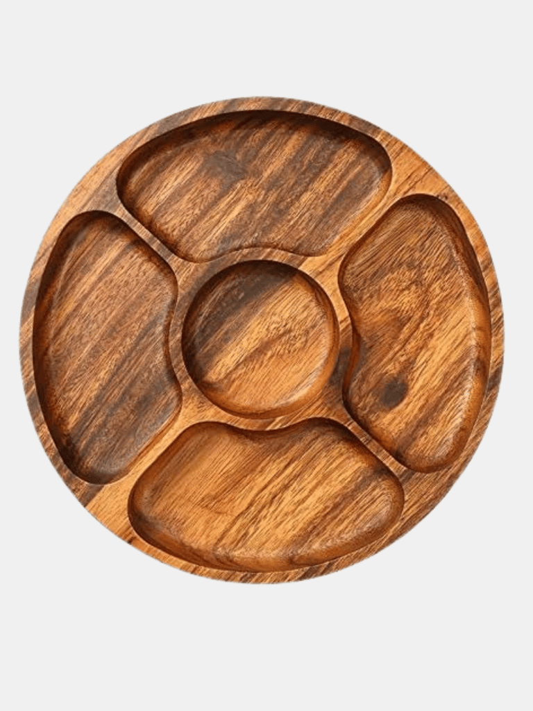 Fine Quality Round Serving Trays Acacia Wooden Divided Plates Set Dishes