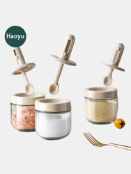 Glass Salt Container Spices Jars With Retractable Spoon And Airtight Cover For Keeping Table Sugar, Gourmet Salts, Chili Herbs, Powder