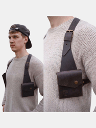 Hip-hop Men Leather Shoulder Holster Bag Sleeveless Harness Vest Bag Tactical Vest Waistcoats - Black
