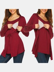 Long Sleeve T-shirt Elegant Double Layer For Breastfeeding Pregnancy Maternity Clothes For Mom - Bulk 3 Sets - Red