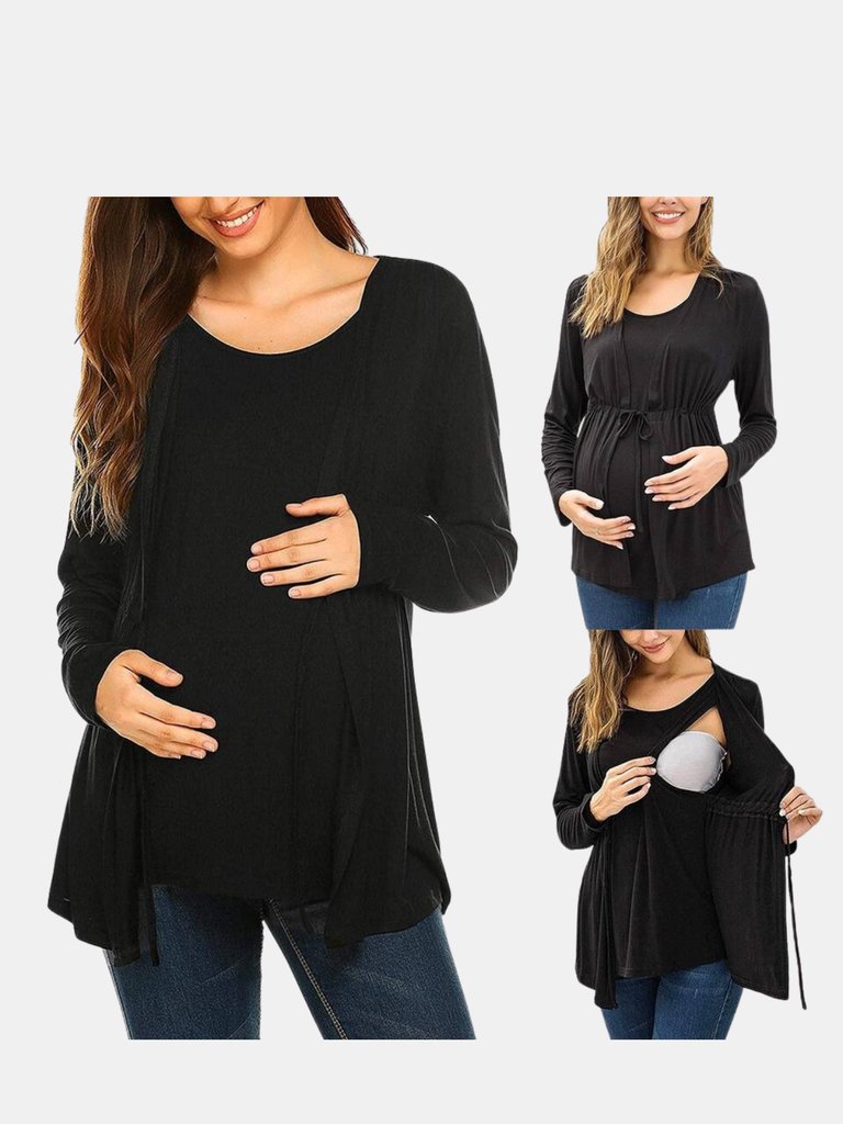 Long Sleeve T-shirt Elegant Double Layer For Breastfeeding Pregnancy Maternity Clothes For Mom - Black(M)