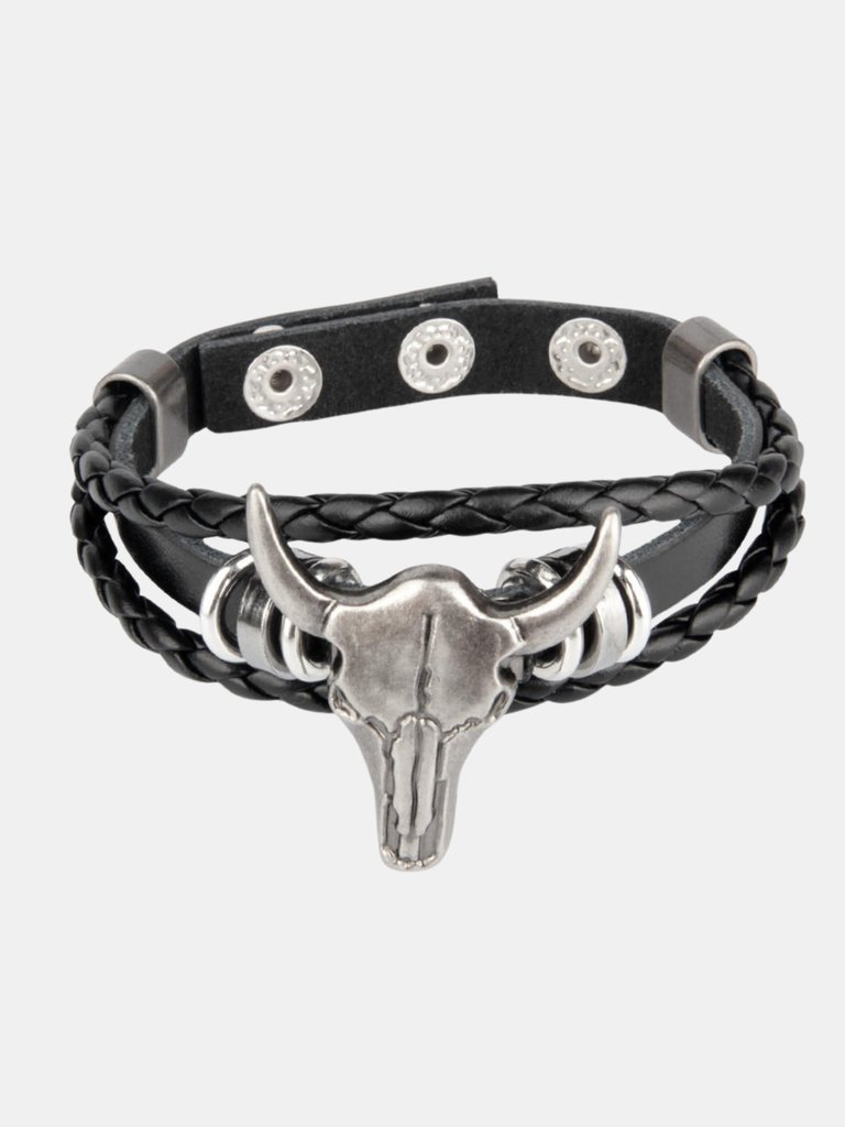 Perfect Classy And Trendy Rock Look Bull Head Braided Leather Bracelet Ad-Ons On Shows - Black/Silver
