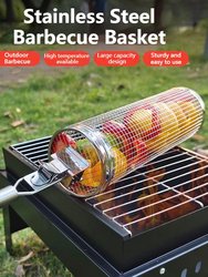 Perfect Gift Set Stainless Steel Round Grilling Basket Rolling Grill Outdoor Baskets