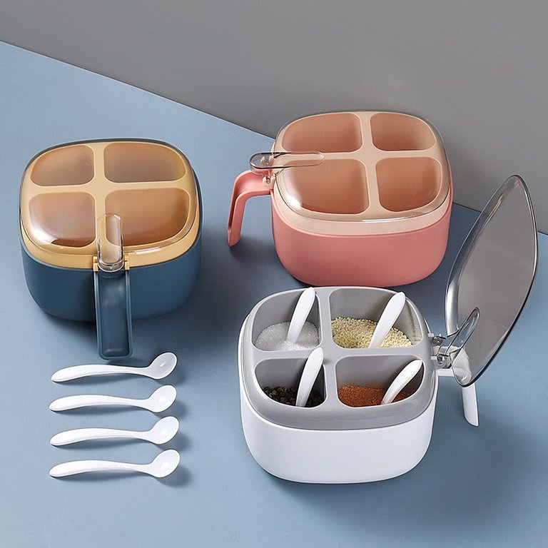 Premium Quality Four-Tray Spice Jar Set With Spoons & Lid - Bulk 3 Sets