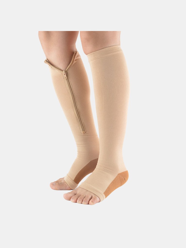 Premium Quality Zipper Compression Socks Calf Knee High Open Toe Support - Beige