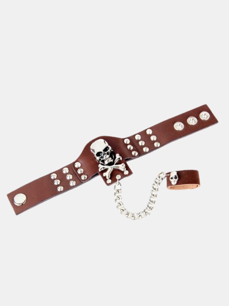 Rock Ring Conjoined Ghost Head Leather Bracelet Dance Show Accessories - Brown