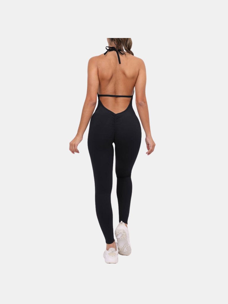 Romper Scrunch Butt Jumpsuit Yoga Deep V-neck Clothing Fitness Backless Gym - Black