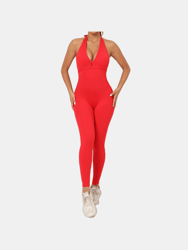 Romper Scrunch Butt Jumpsuit Yoga Deep V-neck Clothing Fitness Backless Gym - Red