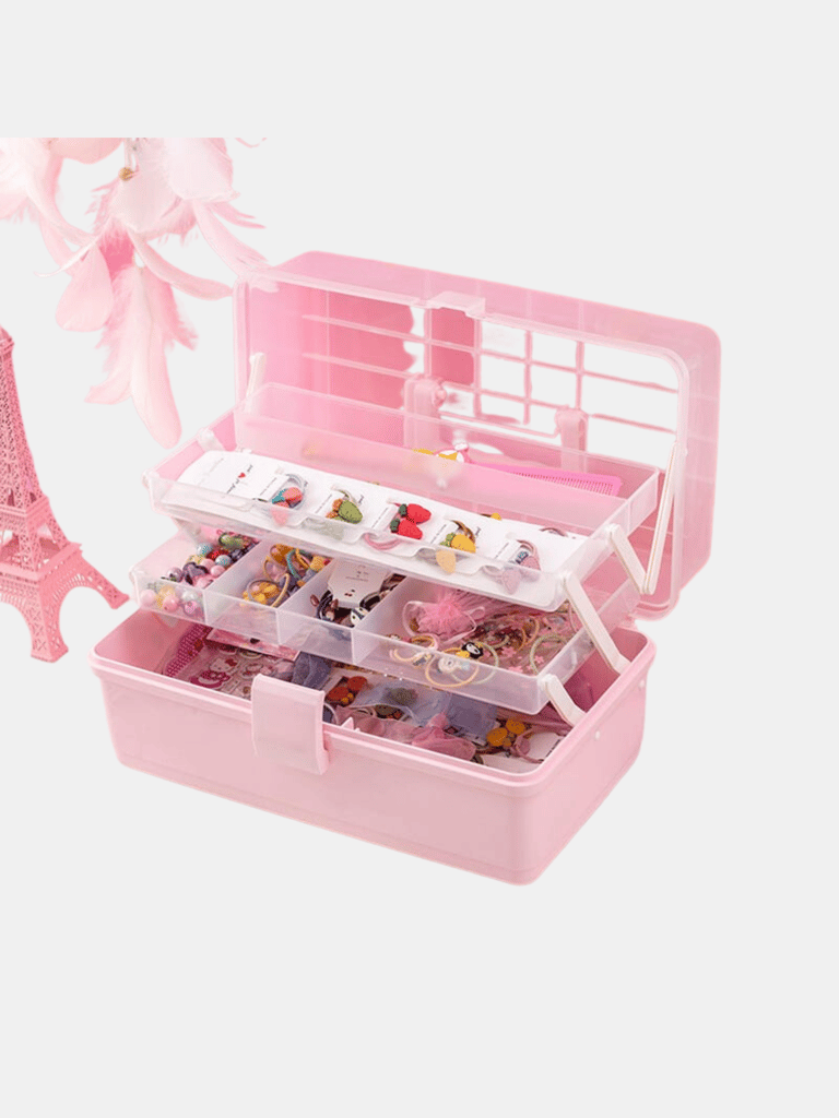 Sewing Box 13" Art Supply Bin 3-Layers Craft Storage Organizer, Children Hair Accessories Storage Gift Box Dressing Girl's For Arts - Pink