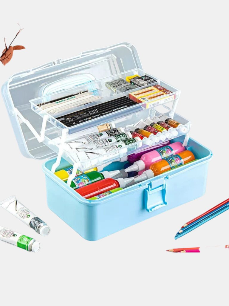 Sewing Box 13" Art Supply Bin 3-Layers Craft Storage Organizer, Children Hair Accessories Storage Gift Box Dressing Girl's For Arts - Blue
