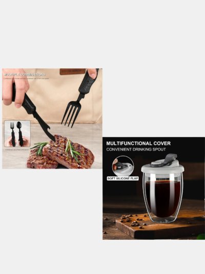Vigor Steel Foldable Spoon Fork Knife Bottle Opener & Glass Coffee Mug Pack - Bulk 3 Sets product