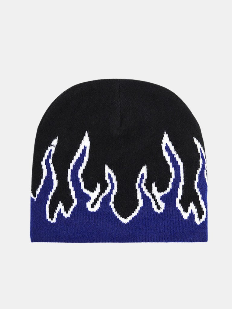 Street Dance Cap Skull Beanie Flames Knitted Hat - Blue Flames