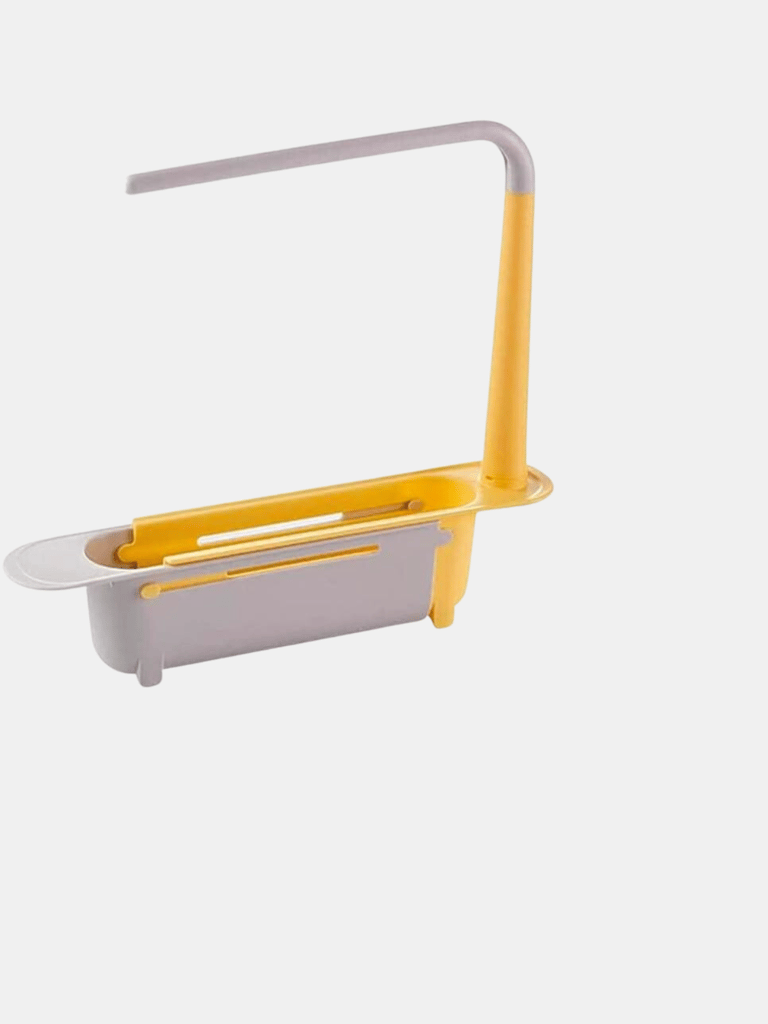 Telescopic Sink Storage Rack, Adjustable Length, Drain Basket Plastic And Sponge Holder With Dishcloth Hanger Expandable Storage Drain Basket - Yellow