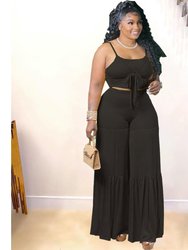 Trendy Casual Plus Size Women Summer Tank Top And Flare Pants Two Piece Set Fat Lady Outfit - Black