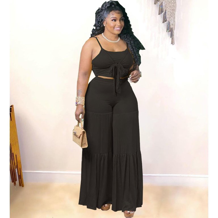 Vigor Black Trendy Casual Plus Size Women Summer Tank Top And Flare Pants  Two Piece Set Fat Lady Outfit