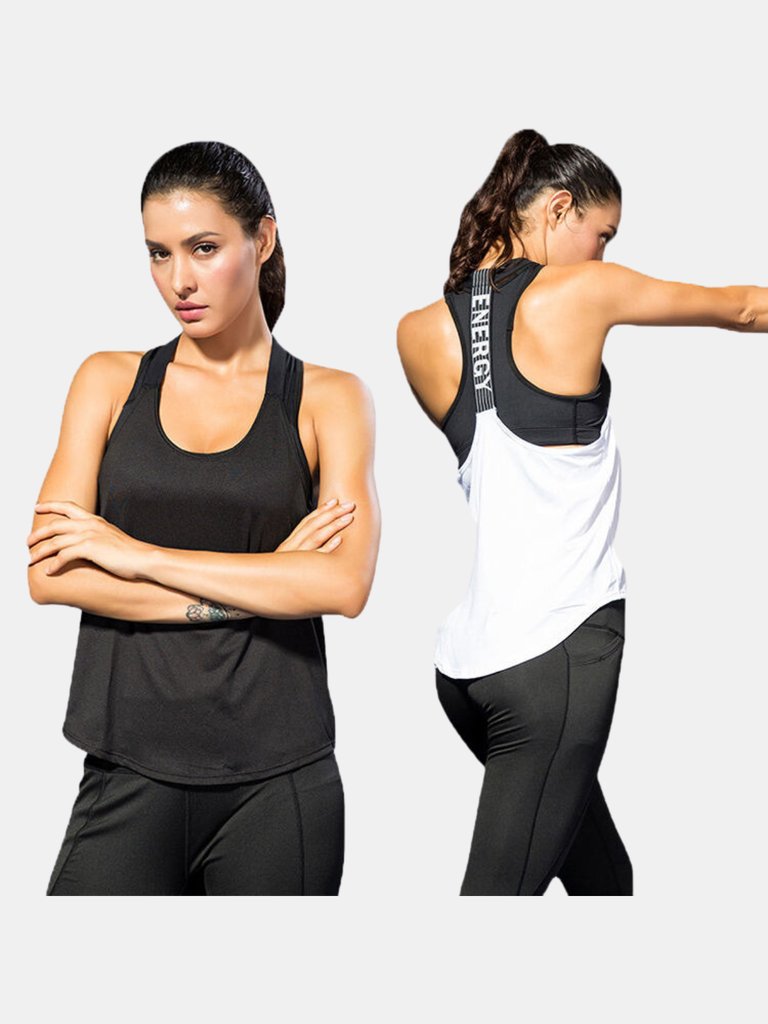 Women Plus Size Yoga Top Gym Sports Girls Vest Sleeveless Sport Workout Shirts Tank Tops - Black/White